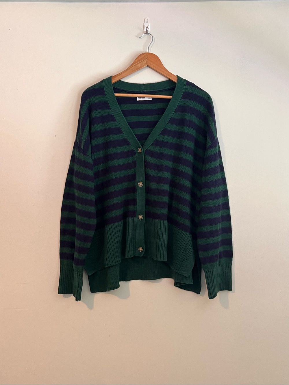 Striped Green and Navy Relaxed V-Neck Button Cardigan